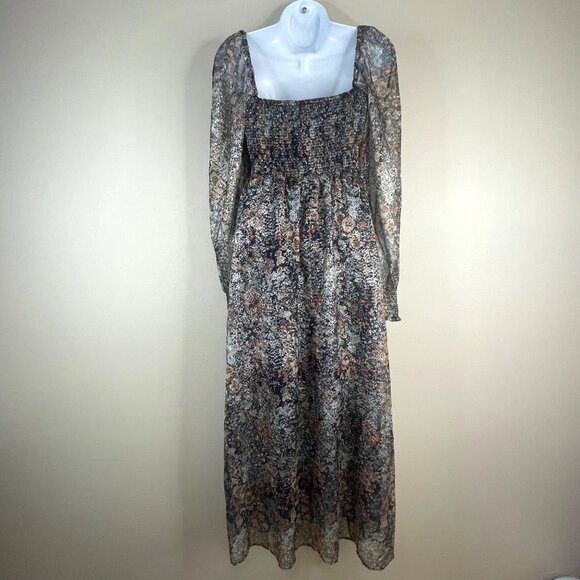 O.P.T. Smocked Cottagecore Renn Faire Maiden Midi Dress Medium Shimmer Floral - Picture 2 of 10